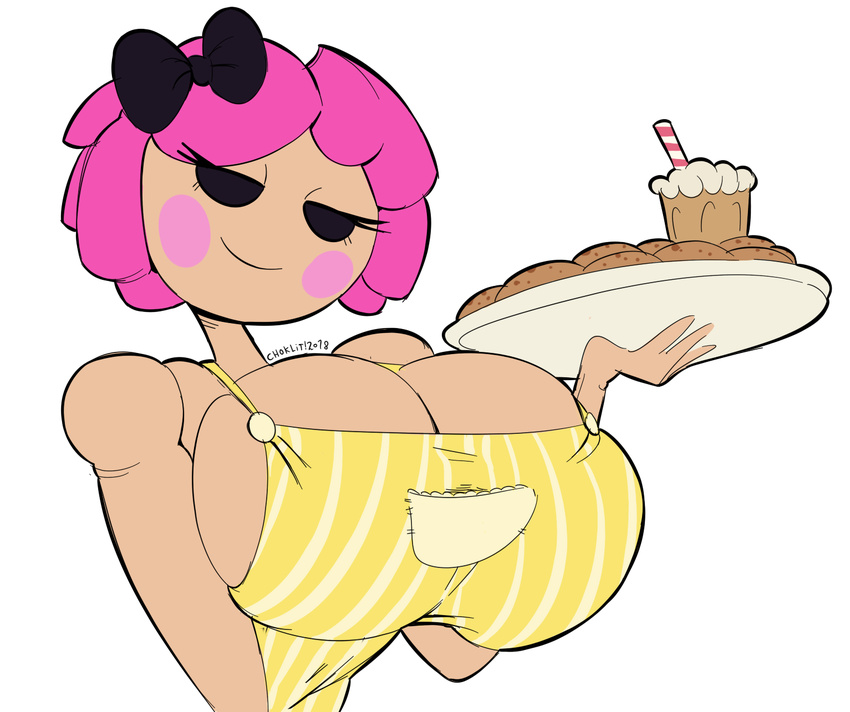 2018 alpha_channel animate_inanimate apron beverage big_breasts breasts bust_portrait clothing cookie crumbs_sugar_cookie doll female food hair half-closed_eyes hi_res huge_breasts humanoid lalaloopsy living_doll looking_at_viewer milkshake narrowed_eyes not_furry pink_hair portrait ribbons solo tasteofchoklit