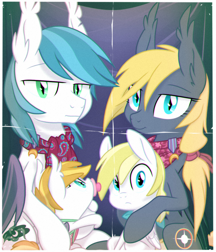 2014 band bat_pony blonde_hair cloud_skipper_(mlp) cutie_mark equid equine family feathered_wings feathers female feral fold goatanimedatingsim green_eyes group hair hasbro hi_res hybrid looking_at_viewer male mammal my_little_pony mythological_creature mythological_equine mythology pacifier pegasus photo scarf smile teal_eyes wings young young_feral