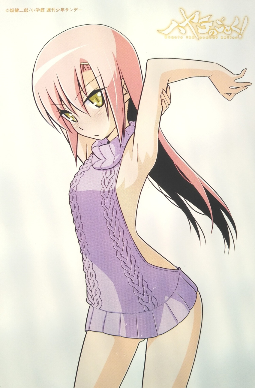 arm arm_up armpits blush female hair_ornament hayate_no_gotoku! highres hips katsura_hinagiku long_hair no_bra no_panties no_underwear open-back_dress pink_hair sleeveless sleeveless_turtleneck small_breasts solo sweater sweater_dress thigh_gap thighs virgin_killer_sweater yellow_eyes