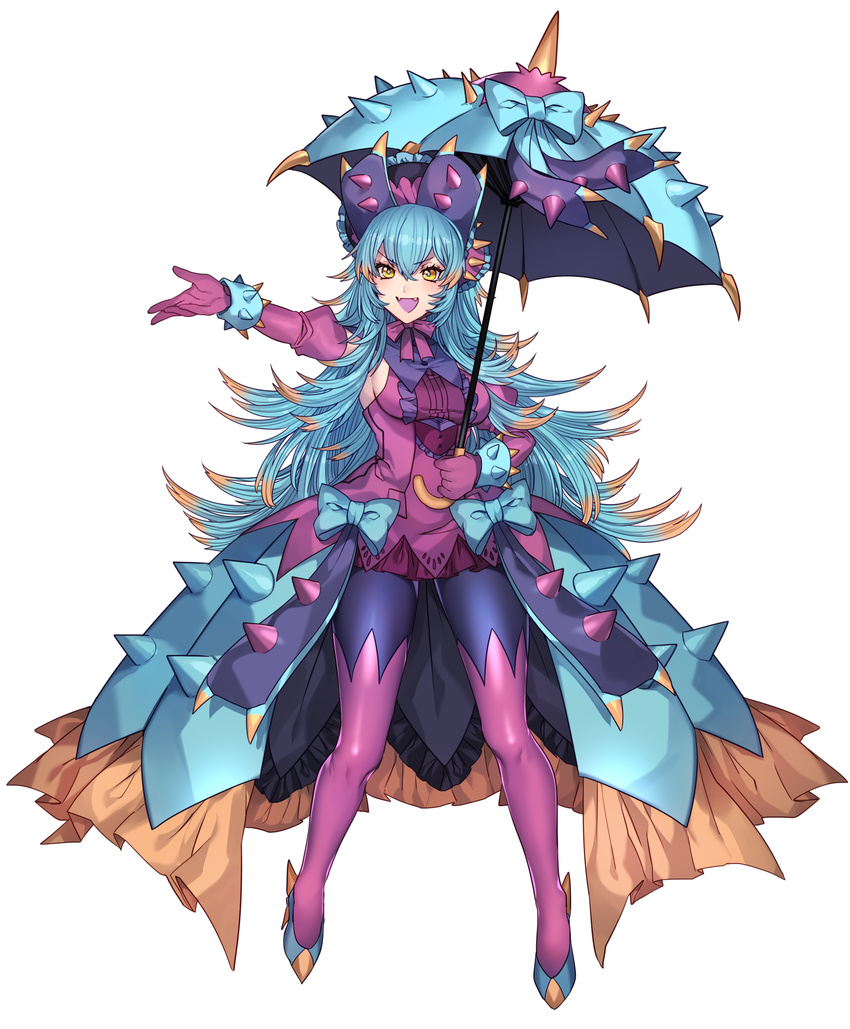 aqua_hair bad_id bad_twitter_id bonnet bow bracelet breasts commentary_request dress elbow_gloves fangs female frilled_dress frills full_body gloves high_heels highres holding holding_umbrella jewelry katagiri_hachigou long_hair medium_breasts multicolored_eyes multicolored_hair open_mouth orange_hair personification pokemon purple_gloves purple_legwear sideboob simple_background solo spikes spiky toxapex umbrella white_background