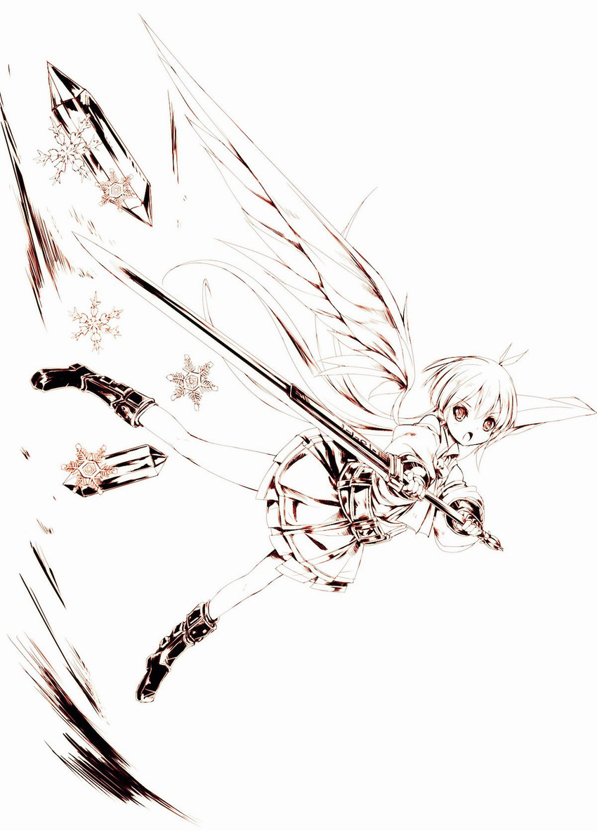 angel_wings belt boots crystal detached_sleeves dress eternity_sword_series female fingerless_gloves flying gloves highres hitomaru long_hair monochrome official_art open_mouth ponytail solo sword very_long_hair weapon wings yuukyuu_no_euphoria yuyu_bluespirit