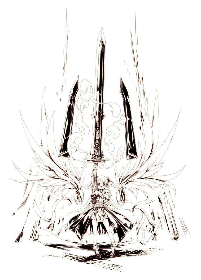 angel_wings armor belt boots cropped_jacket dress eternity_sword_series euphoria_(eternity_sword) female gloves hair_ornament head_wings highres hitomaru huge_weapon jacket monochrome official_art open_mouth pauldrons shoulder_armor solo sword weapon wings yuukyuu_no_euphoria