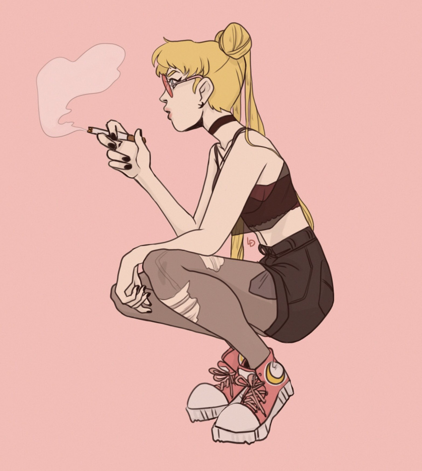 bishoujo_senshi_sailor_moon black_choker black_nails black_shirt black_shorts blonde_hair casual choker cigarette commentary crescent crop_top crop_top_overhang double_bun english_commentary female from_side full_body glasses grunge_(genre) hair_bun highres holding holding_cigarette lauren_davis long_hair looking_ahead looking_away midriff moon_print nail_polish pantyhose pantyhose_under_shorts parted_lips pink-tinted_eyewear pink_background pink_footwear profile punk round_eyewear sailor_moon see-through shirt shoes shorts simple_background smoke smoking sneakers solo squatting stomach tinted_eyewear torn_clothes torn_pantyhose tsukino_usagi twintails very_long_hair