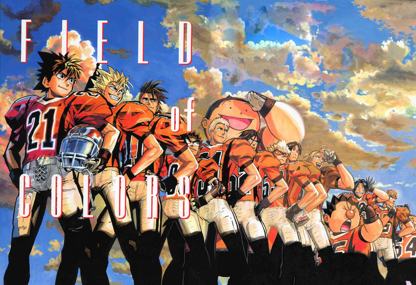 6+boys american_football_helmet american_football_uniform black_hair blonde_hair brown_hair cloud cloudy_sky commentary dusk eyeshield_21 gloves grin group_picture hands_on_own_hips helmet hiruma_youichi juumonji_kazuki kobayakawa_sena komusubi_daikichi kurita_ryokan kuroki_kouji lineup male_focus manly multiple_boys murata_yuusuke omosadake_futoshi raimon_tarou satake_yohei scan shoulder_pads sky smile spiked_hair sportswear takekura_gen_(musashi) taki_natsuhiko toganou_shouzou traditional_media unworn_headwear unworn_helmet yamaoka_kenta yukimitsu_manabu