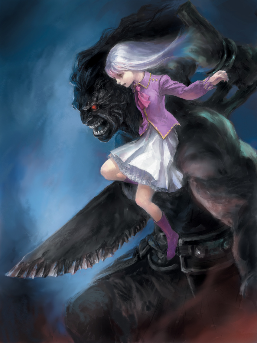 absurdres ascot blazer boots fate/stay_night fate_(series) female full_body heracles_(fate) highres illyasviel_von_einzbern jacket jumping long_hair long_sleeves monster purple_footwear realistic skirt suemi_jun traditional_media white_hair white_skirt