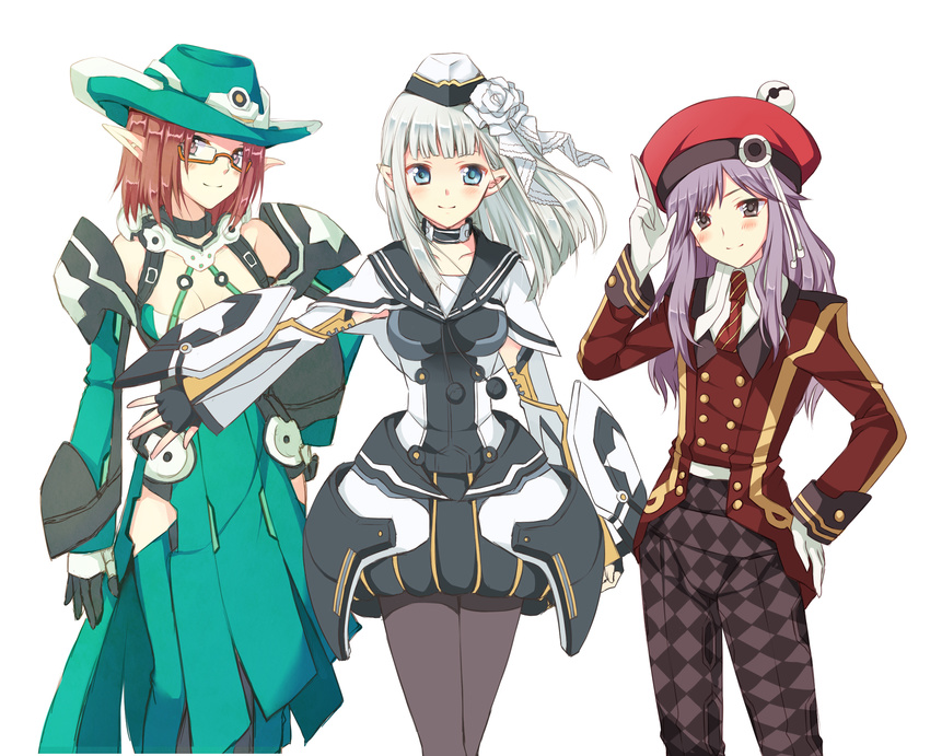 1boy 2girls argyle_clothes argyle_pants ayamisiro ballistic_coat blue_eyes breasts brown_hair commentary_request glasses gloves hand_on_own_hip hat highres long_hair looking_at_viewer medium_breasts multiple_girls navigator_dress navigator_suit pants pantyhose phantasy_star phantasy_star_online_2 photoshop_(medium) pointy_ears purple_hair short_hair simple_background smile white_background wiola_magica