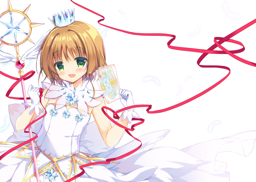 :d bad_id bad_pixiv_id blush brown_hair card cardcaptor_sakura cardcaptor_sakura_clear_card_arc clear_card commentary_request crown feathers female gloves green_eyes hair_between_eyes head_tilt holding holding_card kinomoto_sakura kinomoto_sakura_(crystal_feather_dress) looking_at_viewer mini_crown open_mouth purinpurin shirt simple_background skirt smile solo sparkle standing star_(symbol) strapless white_background white_gloves white_shirt white_skirt yume_no_tsue