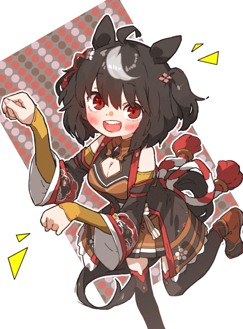 :d ahoge amonitto animal_ears black_hair black_thighhighs blush bob_cut breasts cleavage_cutout clothing_cutout female from_above golshi's_first_place_pose highres horse_ears horse_girl horse_pose horse_tail kitasan_black_(umamusume) kouhaku_nawa long_sleeves looking_at_viewer medium_breasts multicolored_hair red_eyes red_ribbon ribbon rope shimenawa short_hair smile solo standing standing_on_one_leg streaked_hair tail thighhighs two-tone_hair two_side_up umamusume white_hair wide_sleeves