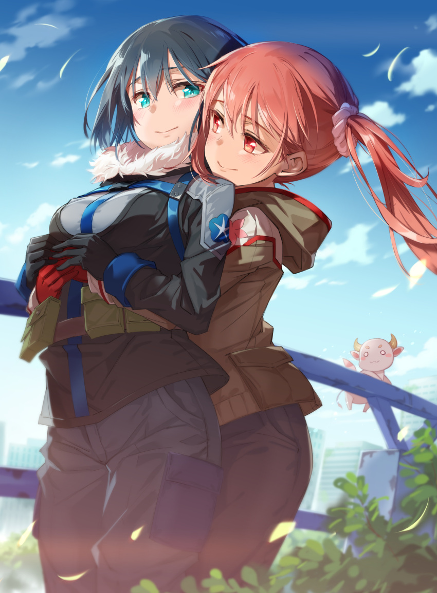 2girls absurdres alternate_hair_length alternate_hairstyle black_gloves black_jacket blue_sky blush brown_jacket closed_mouth cloud commentary_request day fur-trimmed_jacket fur_trim gloves green_eyes gyuuki_(yuyuyu) hair_ornament hair_scrunchie highres hug hug_from_behind jacket long_hair long_sleeves looking_at_another michairu multiple_girls outdoors pink_scrunchie red_eyes red_gloves red_hair scrunchie sky smile standing tougou_mimori yuri yuuki_yuuna yuuki_yuuna_wa_yuusha_de_aru yuusha_de_aru