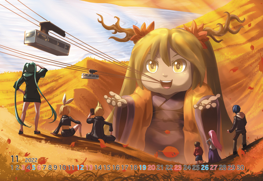 2boys 5girls aqua_hair autumn autumn_leaves bare_legs blonde_hair blue_hair bow brown_hair cable_car calendar_(medium) commentary falling_leaves giant giantess hairbow hand_on_own_hip hand_up hatsune_miku highres hood hoodie kagamine_len kagamine_rin kaito_(vocaloid) leaf lolita_majin long_hair long_sleeves megurine_luka meiko_(vocaloid) mikudayoo multiple_boys multiple_girls november outdoors outstretched_arms pink_hair red_hoodie shading_eyes shiteyan'yo short_hair sitting spiked_hair standing twintails very_long_hair vocaloid white_bow