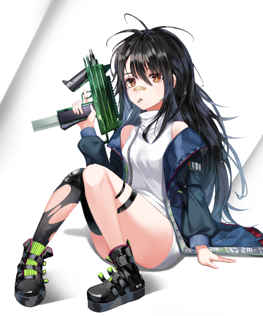 absurdres bad_id bad_pixiv_id bandaid bandaid_on_face bandaid_on_nose bare_shoulders black_hair black_thighhighs blue_jacket blush brown_eyes bullet_in_mouth c-ms_(girls'_frontline) cbj-ms convenient_leg fall_(aki) female finger_on_trigger full_body girls'_frontline gun hair_between_eyes hand_up highres holding holding_gun holding_weapon jacket knees_together_feet_apart knees_up long_hair messy_hair mole mole_under_eye mouth_hold off_shoulder open_clothes open_jacket photoshop_(medium) shirt single_thighhigh sleeveless sleeveless_shirt solo submachine_gun thighhighs thighs torn_clothes torn_thighhighs trigger_discipline very_long_hair weapon white_shirt