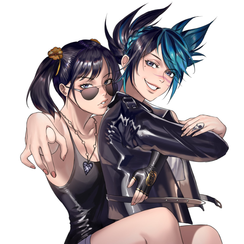 2girls aviator_sunglasses bandai_namco black_gloves black_hair blue_eyes blue_hair braid breasts commentary commission company_connection crown_braid english_commentary fingerless_gloves fingernails gloves grin hair_ornament hair_scrunchie hanny_(uirusu_chan) heart heart_necklace highres hug hug_from_behind jacket jewelry leather leather_jacket ling_xiaoyu lips looking_at_viewer mole mole_under_eye multicolored_hair multiple_girls necklace pointing pointing_at_viewer ring scar scar_on_face scar_on_nose scrunchie short_twintails shorts single_fingerless_glove skull_ring small_breasts smile soulcalibur soulcalibur_vi sunglasses swept_bangs tank_top teeth tekken time_paradox tira_(soulcalibur) twintails two-tone_hair white_background yuri