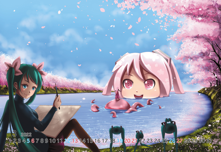 6+girls animal aqua_eyes aqua_hair black_skirt blue_shirt blue_sky blue_sweater calendar_(medium) cherry_blossoms commentary creature day drawing falling_petals from_behind hatsune_miku highres holding holding_pencil lake lolita_majin long_hair long_skirt looking_at_viewer looking_back march megurine_luka mikudayoo miniskirt multiple_girls outdoors oversized_animal pantyhose partially_submerged pencil petals pink_eyes pink_hair pink_skirt sakura_miku shirt shiteyan'yo sighting sitting sketchbook skirt sky solo_focus spring_(season) standing_on_animal sweater takoluka tentacle turtleneck turtleneck_sweater twintails very_long_hair vocaloid