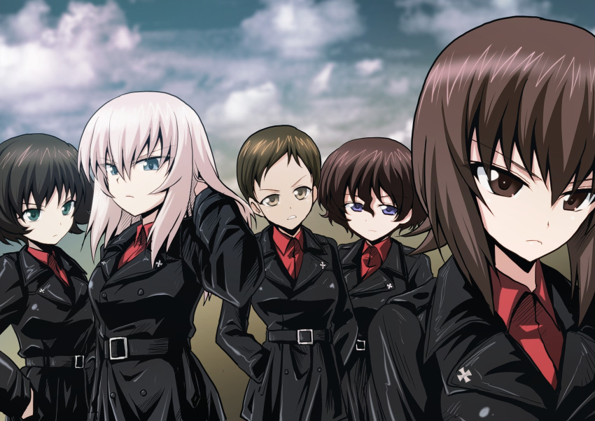 5girls akaboshi_koume black_hair brown_eyes brown_hair cloud cloudy_sky girls_und_panzer green_eyes hair_between_eyes hand_in_own_hair hand_in_pocket hida_ema highres itsumi_erika kamishima_kanon kojima_emi kuromorimine_military_uniform long_hair multiple_girls nishizumi_maho purple_eyes short_hair sky