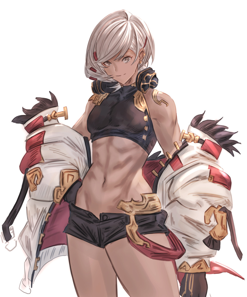 absurdres bare_shoulders black_gloves black_shirt black_shorts breasts closed_mouth coat commentary cowboy_shot crop_top dark-skinned_female dark_skin earclip earrings female fiorito_(granblue_fantasy) gloves granblue_fantasy groin hair_between_eyes hair_ornament hairclip hand_on_own_hip highres jewelry looking_at_viewer midriff mou_pl muscular muscular_female navel off_shoulder shirt short_hair short_shorts shorts sidelocks simple_background sleeveless sleeveless_shirt small_breasts smile solo standing white_background white_coat white_hair