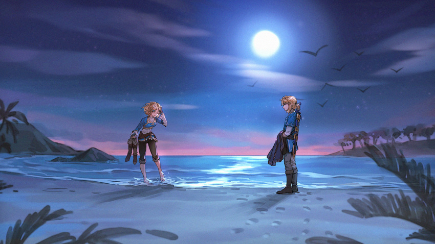 1boy ^_^ alzi_xiaomi bangs beach bird blonde_hair blue_theme boots_removed borrowed_garments braid breasts brown_footwear cape cape_removed closed_eyes commentary_request crown_braid female footprints full_moon gloves grey_pants hair_ornament hairclip half_updo hand_on_own_head hand_up happy highres holding_boots holding_cape horizon laughing leaning_forward link long_sleeves looking_at_another medium_breasts moon nature night night_sky ocean outdoors pants pants_rolled_up pointy_ears ponytail princess_zelda profile scenery shadow short_hair short_over_long_sleeves short_sleeves sky smile standing sword sword_behind_back the_legend_of_zelda the_legend_of_zelda:_breath_of_the_wild wading weapon