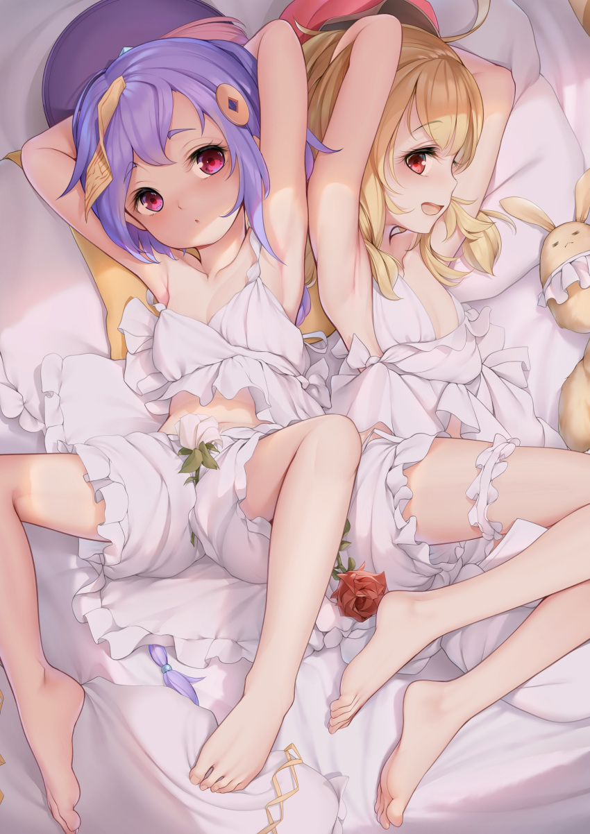 2girls absurdres an-telin armpits arms_behind_head arms_up bare_arms bare_shoulders barefoot blonde_hair blush breasts bridal_garter coin_hair_ornament crop_top dodoco_(genshin_impact) feet flat_chest flower genshin_impact hair_ornament highres klee_(genshin_impact) lolicon long_hair looking_at_another lying multiple_girls navel ofuda on_back on_bed on_side open_mouth parted_lips purple_hair qiqi_(genshin_impact) red_eyes red_flower red_rose rose shirt shorts sideways_glance sleeveless sleeveless_shirt small_breasts smile toes very_long_hair white_flower white_rose white_shirt white_shorts