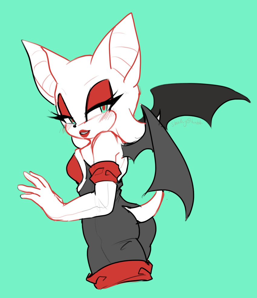 2017 anthro ass bat_wings blush chiropteran clothing eyeshadow female fur gloves green_background green_eyes handwear hi_res makeup mammal membrane_(anatomy) membranous_wings rouge_the_bat simple_background solo sonic_the_hedgehog_(series) spacecolonie white_body white_fur wings