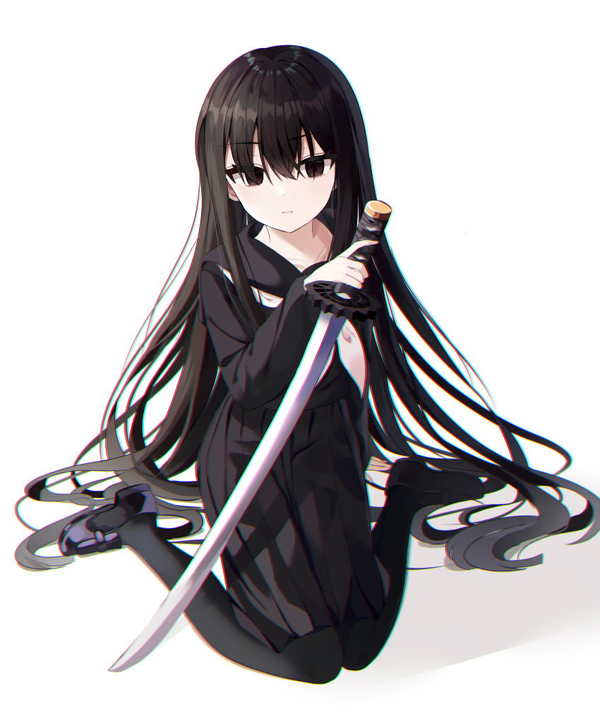 absurdres black_eyes black_footwear black_hair black_pantyhose black_shirt black_skirt chromatic_aberration commentary expressionless female full_body hagoromo_gitsune hair_between_eyes highres holding holding_sword holding_weapon katana korean_commentary long_hair long_sleeves looking_at_viewer medium_skirt nannung neckerchief nurarihyon_no_mago pantyhose sailor_collar school_uniform serafuku shirt shoes skirt solo sword very_long_hair weapon white_background white_neckerchief