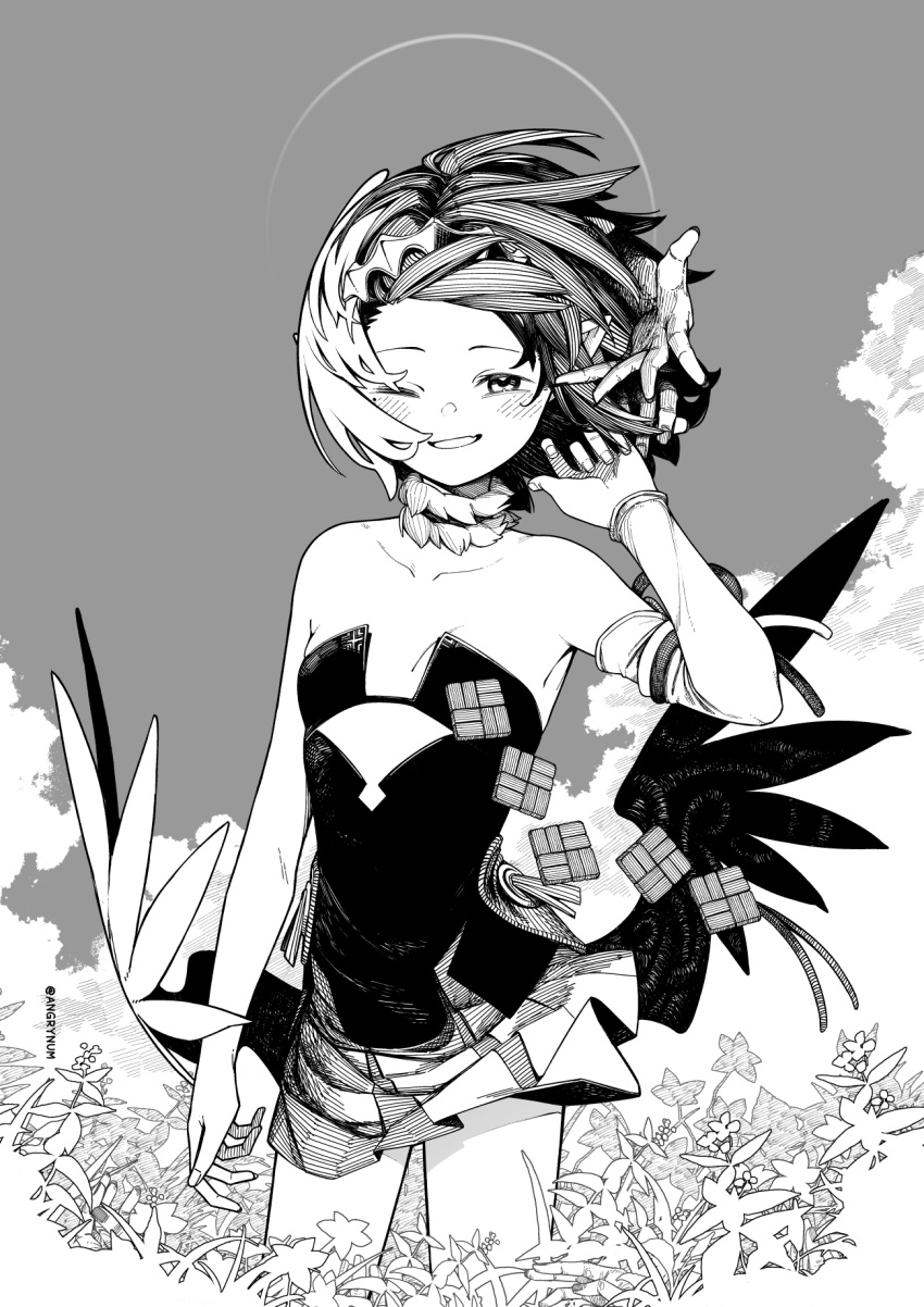 a:n_(angrynum) alternate_hair_length alternate_hairstyle bare_shoulders blush breasts clothing_cutout collarbone commentary detached_sleeves disembodied_hand female field flower flower_field forehead greyscale grin halo hatching_(texture) highres hololive hololive_english looking_at_viewer monochrome ninomae_ina'nis ninomae_ina'nis_(1st_costume) one_eye_closed outdoors single_detached_sleeve small_breasts smile solo standing tiara twitter_username underboob_cutout virtual_youtuber wind wind_lift wings