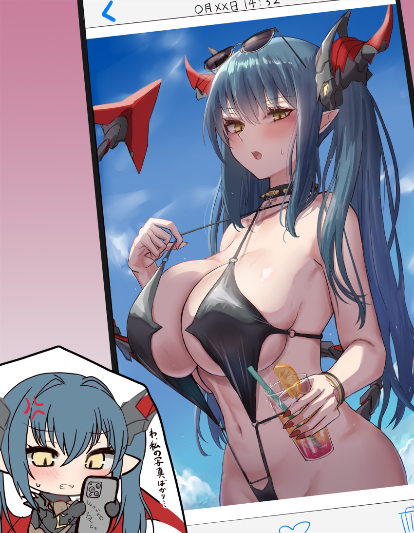 anger_vein azur_lane bare_arms bare_shoulders black_one-piece_swimsuit blue_hair blush bracelet breasts cellphone cellphone_photo chibi commentary drink female highres holding holding_phone horns jewelry large_breasts long_hair looking_at_viewer navel official_alternate_costume one-piece_swimsuit open_mouth phone pointy_ears regensburg_(azur_lane) regensburg_(dark_dragon_brilliant_beach)_(azur_lane) satou_aji smartphone swimsuit tail translated twintails yellow_eyes