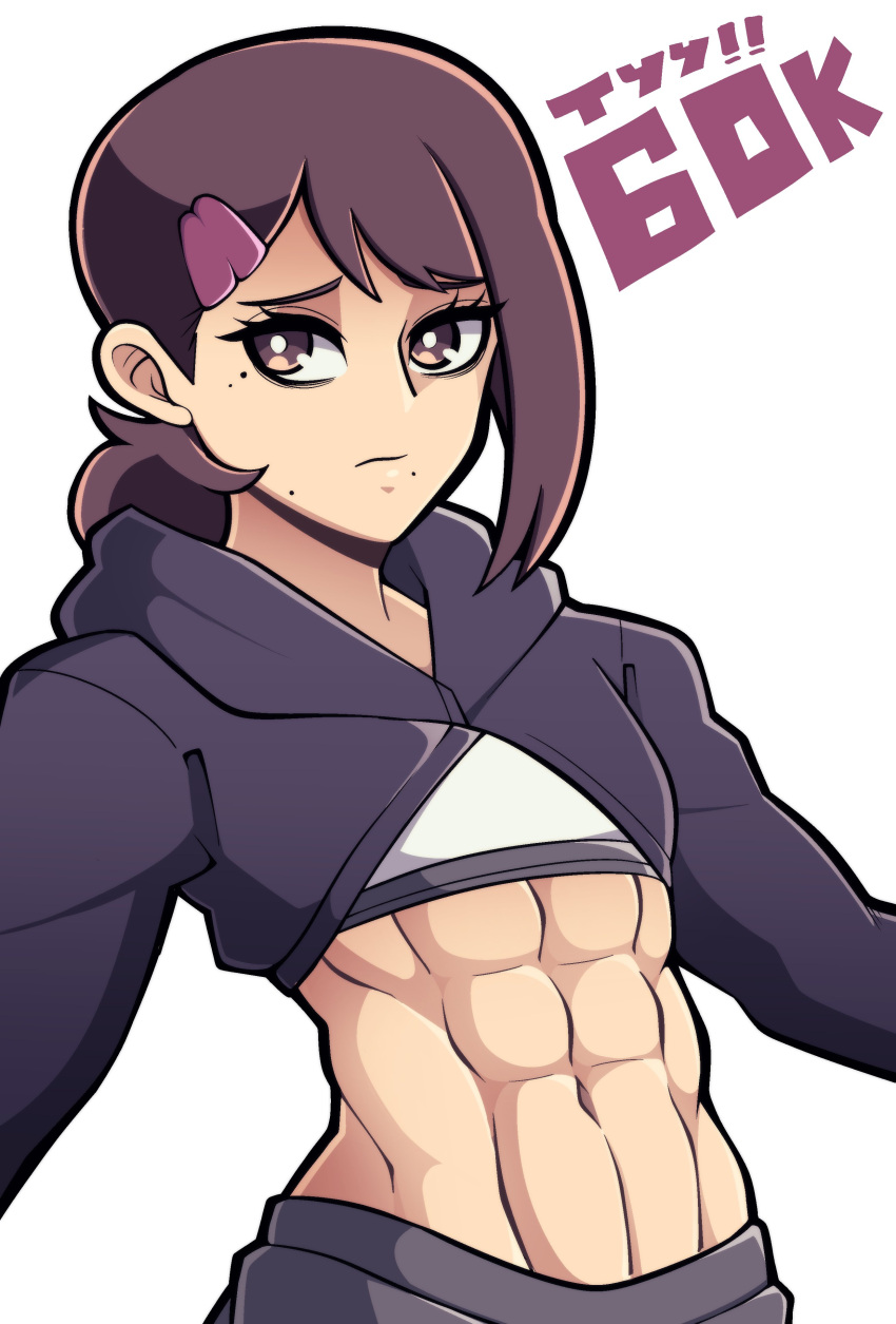 abs absurdres brown_eyes brown_hair chainsaw_man commentary crop_top cropped_hoodie english_commentary female flat_chest hair_behind_ear hair_ornament hairclip higashiyama_kobeni highres hood hoodie kermittend midriff milestone_celebration mole mole_under_eye mole_under_mouth multiple_moles muscular muscular_female navel ponytail short_ponytail solo toned upper_body