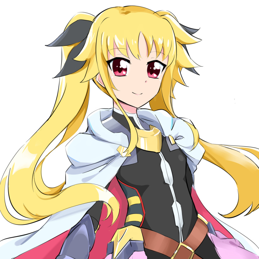 black_bow blonde_hair bow closed_mouth commentary_request fate_testarossa fate_testarossa_(blaze_form_ii) female flat_chest floating_hair hairbow haruzu2000 hat highres long_hair looking_at_viewer lyrical_nanoha mahou_shoujo_lyrical_nanoha_reflection red_eyes simple_background smile solo upper_body very_long_hair white_background white_hat