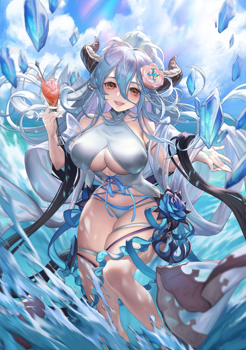 bare_shoulders blue_hair blue_sky blush breasts cleavage collarbone cup day draph drinking_glass female fengyin_shici_guozi granblue_fantasy hair_between_eyes highres horns ice izmir izmir_(summer)_(granblue_fantasy) large_breasts long_hair looking_at_viewer mole mole_under_mouth navel official_alternate_costume one-piece_swimsuit open_mouth pointy_ears ponytail red_eyes shawl sky smile solo swimsuit underboob very_long_hair water white_one-piece_swimsuit