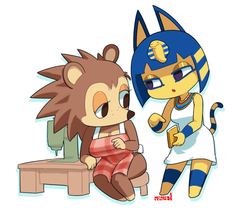 2023 animal_crossing ankha_(animal_crossing) anthro apron armband bangs blue_armband blue_ears blue_hair blunt_bangs bob_cut clothing digital_media_(artwork) duo egyptian egyptian_clothing electronics eulipotyphlan felid feline female glistening_eyelids hair hedgehog hi_res lidded_eyes mammal markings minus8 nintendo on_model phone sable_able sewing_machine striped_markings striped_tail stripes tagme tail tail_markings uraeus yellow_body yellow_inner_ear