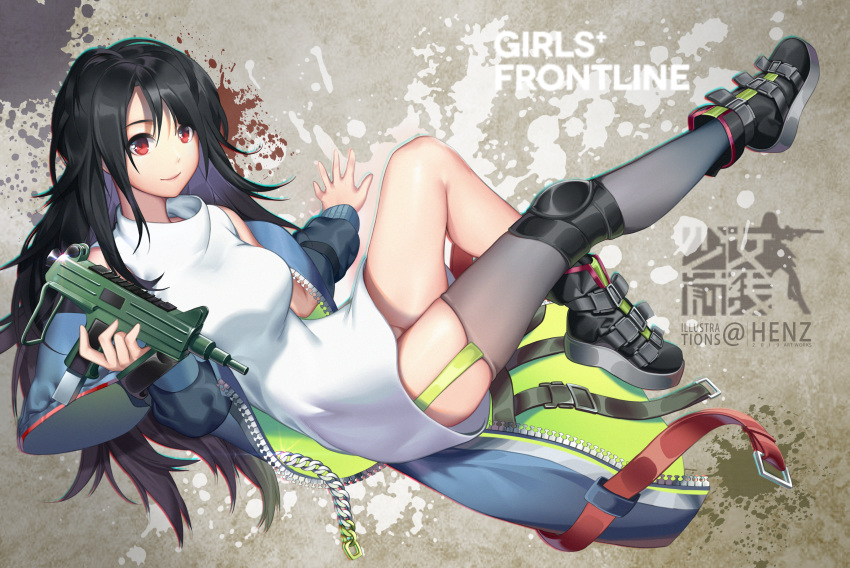 absurdres bare_shoulders black_hair black_thighhighs blue_jacket bottomless breasts c-ms_(girls'_frontline) cbj-ms chinese_commentary commentary_request convenient_leg copyright_name female full_body garter_straps girls'_frontline gun hair_between_eyes henz highres holding holding_weapon jacket knee_up leg_up long_hair medium_breasts messy_hair no_panties off_shoulder open_clothes open_jacket red_eyes shirt single_thighhigh sleeveless sleeveless_shirt smile solo submachine_gun thighhighs thighs very_long_hair weapon white_shirt