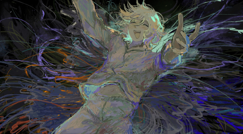 1boy ^_^ abstract abstract_background absurdres backlighting bad_id bad_twitter_id blonde_hair blush closed_eyes clothes_lift english_commentary ensemble_stars! evelyn_(eq8_eq) falling happy highres long_sleeves male_focus midriff_peek open_mouth outstretched_arms pajamas pants shirt shirt_lift short_hair smile solo tenshouin_eichi white_pants white_shirt wind wind_lift