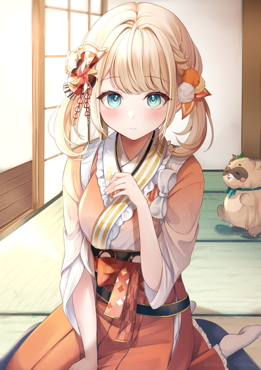 absurdres blonde_hair blue_eyes blush closed_mouth commentary_request female frilled_kimono frills hair_ornament hakama hand_up highres hololive indoors japanese_clothes kazama_iroha kazama_iroha_(new_year) kimono long_sleeves looking_at_viewer medium_hair miyagi_ratona official_alternate_costume orange_hakama orange_kimono pokobee sitting sliding_doors solo tanuki tatami twintails twitter_username virtual_youtuber