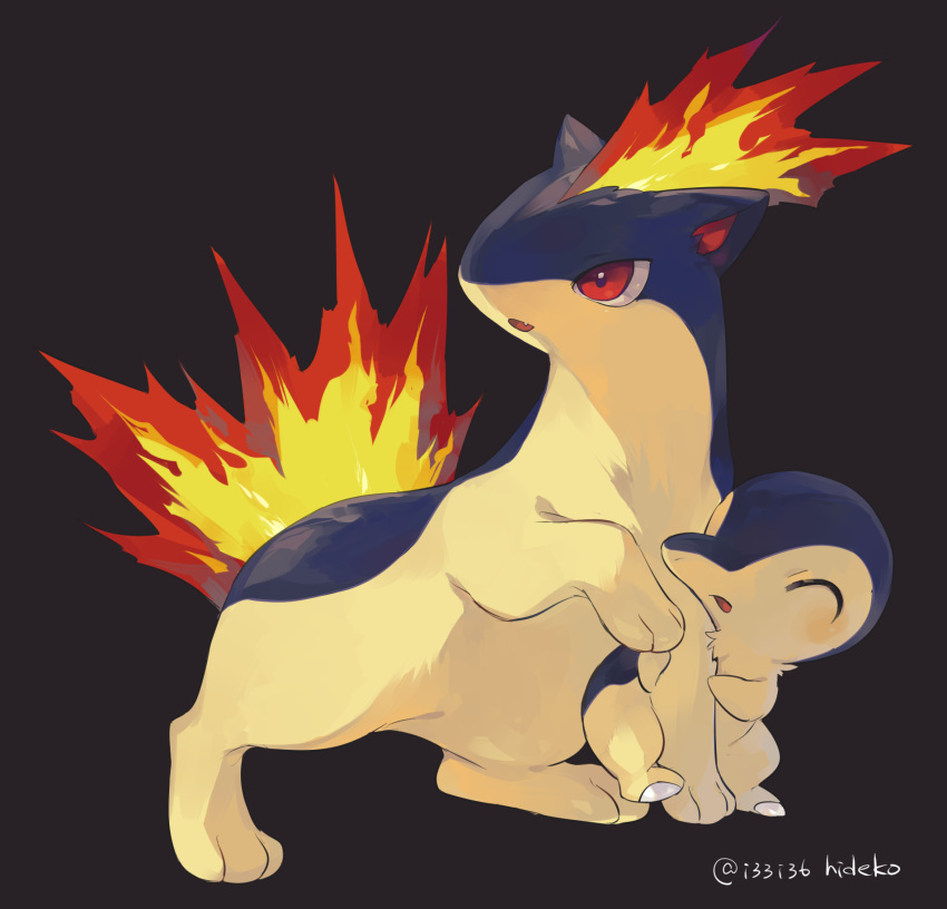 artist_name bad_id bad_pixiv_id commentary_request cyndaquil fire hideko_(l33l3b) highres no_humans open_mouth pokemon pokemon_(creature) quilava red_eyes simple_background tongue watermark yellow_fur