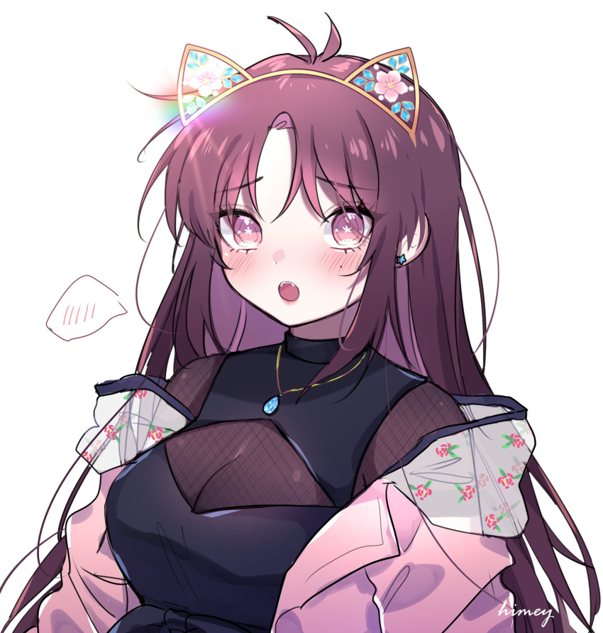 alternate_hairstyle animal_ears atelier_live blush breasts cleavage embarrassed english_commentary fake_animal_ears female glint highres himey himey_(vtuber) long_hair looking_at_viewer oerba_yun_fang open_mouth purple_eyes purple_hair simple_background solo upper_body virtual_youtuber white_background