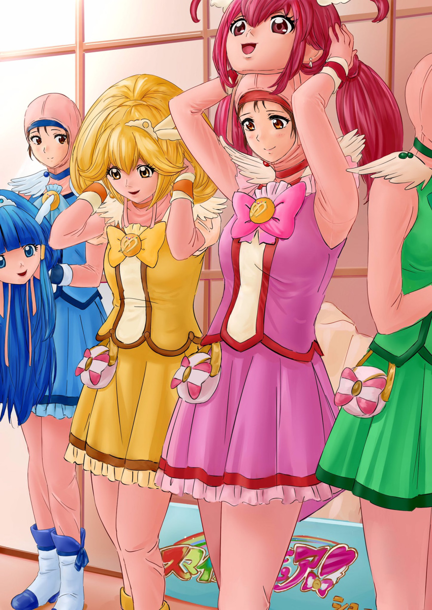 4girls actress anigurum animegao armpits blonde_hair blue_eyes blue_hair blush bob_cut bodysuit boots breasts brown_eyes brown_hair cosplay costume cure_beauty cure_beauty_(cosplay) cure_happy cure_happy_(cosplay) cure_march cure_march_(cosplay) cure_peace cure_peace_(cosplay) dress dressing highres idol indoors kigurumi large_breasts legs long_hair mask mask_on_head medium_breasts multiple_girls ponytail precure red_eyes red_hair short_hair skirt smile_precure standing thighs twintails yellow_eyes