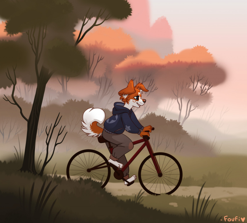 2022 ambiguous_gender anthro bicycle brown_body brown_fur canid canine canis clothed clothing cycling day detailed_background digital_media_(artwork) domestic_dog feet fingers foufi fully_clothed fur grass mammal outside plant sky smile solo toes tree vehicle white_body white_fur