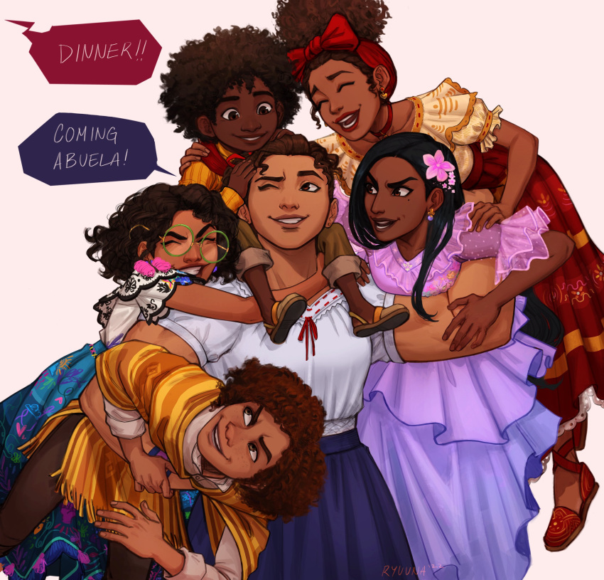 2boys 4girls absurdres antonio_madrigal black_hair brown_hair camilo_madrigal carrying cousins curly_hair dark-skinned_female dark-skinned_male dark_skin dolores_madrigal encanto family glasses grace_kim_(ryuuna) highres isabela_madrigal luisa_madrigal mirabel_madrigal multiple_boys multiple_girls muscular muscular_female piggyback siblings simple_background sisters skirt speech_bubble white_background