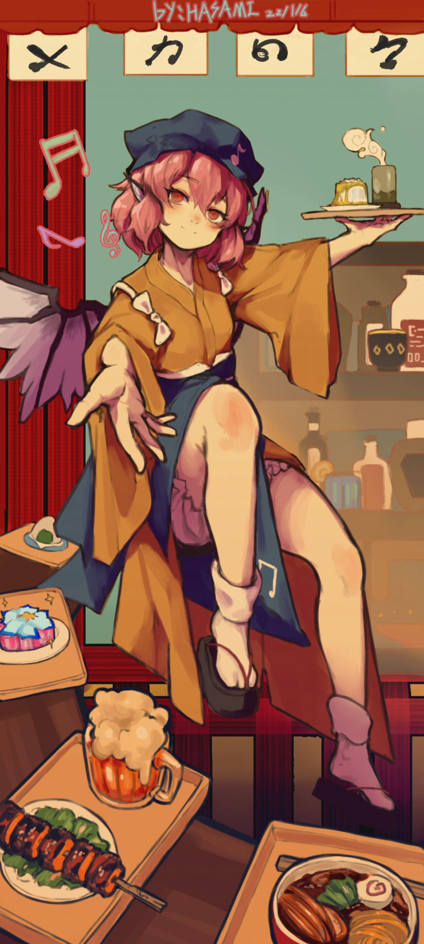 absurdres alcohol animal_ears apron arm_up beamed_eighth_notes beer beer_mug bird_ears bird_wings bloomers blue_apron brown_kimono cup female fish_(food) food food_stand foreshortening full_body grilled_eel head_tilt highres holding holding_tray hua_ha_jiazi japanese_clothes kamaboko kebab kimono light_smile looking_at_viewer mug musical_note mystia_lorelei narutomaki noodles okamisty okobo pink_eyes pink_hair ramen reaching reaching_towards_viewer sandals solo steam tabi tasuki touhou touhou_mystia's_izakaya tray underwear wings