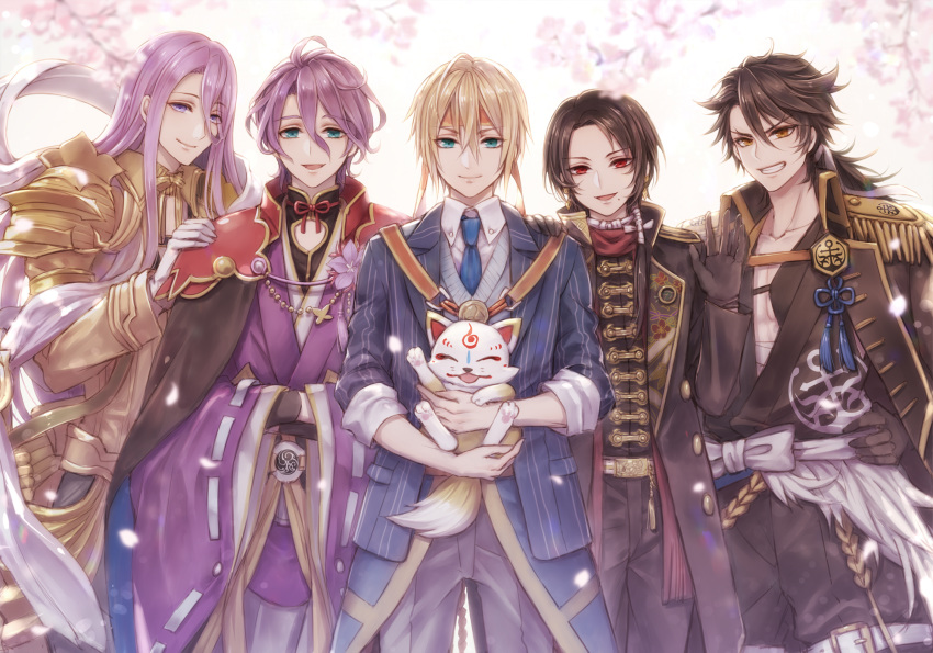 5boys aqua_eyes black_gloves blonde_hair blue_eyes brown_hair cape coat commentary_request earrings epaulettes flower fox gloves grin hachisuka_kotetsu hachisuka_kotetsu_(kiwame) hand_on_another's_shoulder hands_in_opposite_sleeves headband highres jacket jacket_on_shoulders japanese_clothes jewelry kasen_kanesada kasen_kanesada_(kiwame) kashuu_kiyomitsu kashuu_kiyomitsu_(kiwame) konnosuke male_focus mole mole_under_mouth multiple_boys mutsu-no-kami_yoshiyuki mutsu-no-kami_yoshiyuki_(kiwame) necktie open_mouth petals ponytail purple_hair red_eyes smile touken_ranbu white_gloves yamanbagiri_kunihiro yamanbagiri_kunihiro_(kiwame) yamaneko514 yellow_eyes