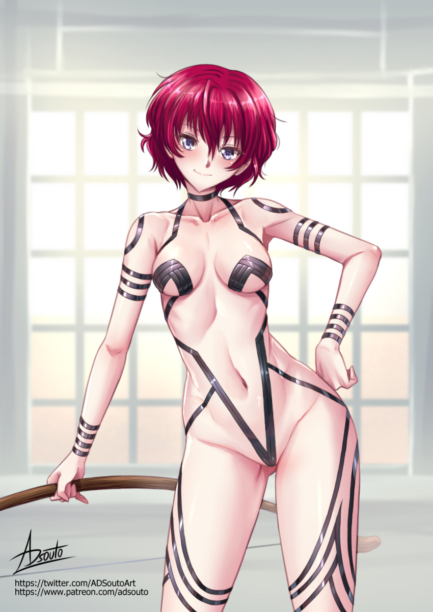 adsouto akatsuki_no_yona bow_(weapon) breasts collarbone contrapposto female hand_on_own_hip highres holding holding_bow_(weapon) holding_weapon indoors looking_at_viewer medium_breasts navel purple_eyes red_hair revealing_clothes shiny_skin short_hair signature smile solo tape weapon yona_(akatsuki_no_yona)