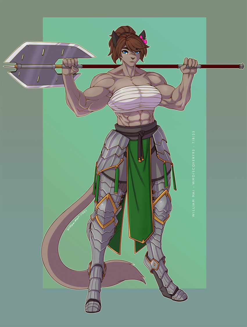 2023 anthro armor axe blue_eyes cougar digital_media_(artwork) double_bitted_axe felid feline female fingers greataxe heavy_armor hi_res holding_melee_weapon holding_object holding_weapon hybrid mammal medieval medieval_armor melee_weapon muscular muscular_female nielo_(gamal) plate_armor polearm simple_background solo weapon wmdiscovery93