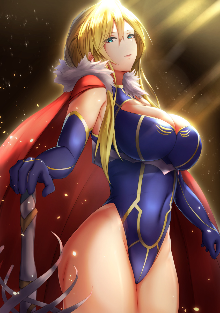 absurdres ahoge armor artoria_pendragon_(fate) artoria_pendragon_(lancer)_(fate) blue_dress blue_eyes blue_gloves blue_leotard braid breasts cape cleavage cleavage_cutout clothing_cutout commentary_request crown dress fate/grand_order fate_(series) female french_braid fur-trimmed_cape fur_collar fur_trim gauntlets gloves hair_between_eyes hand_on_hilt highleg highleg_leotard highres holding holding_weapon lance large_breasts leotard looking_at_viewer parted_lips polearm red_cape rhongomyniad_(fate) sidelocks sleeveless sleeveless_turtleneck sleeveless_turtleneck_leotard solo tiri_man turtleneck turtleneck_leotard upper_body weapon