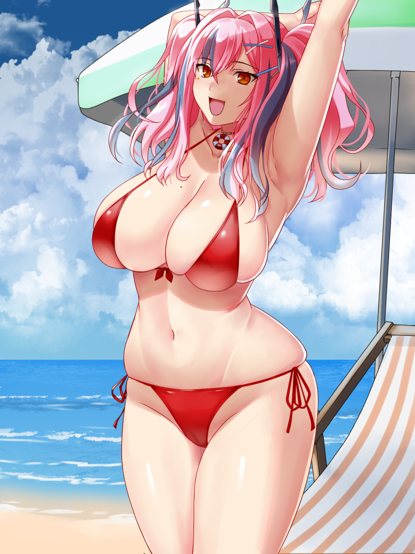 :d armpits arms_up azur_lane bare_shoulders beach beach_chair beach_umbrella bikini blue_sky breasts bremerton_(azur_lane) cleavage cloud collarbone commentary_request cowboy_shot crossed_bangs day female front-tie_bikini_top front-tie_top grey_hair groin hair_between_eyes hair_intakes hair_ornament highres large_breasts lifebuoy_ornament long_hair looking_at_viewer mole mole_on_breast mole_under_eye multicolored_hair navel ocean open_mouth outdoors pink_eyes pink_hair red_bikini side-tie_bikini_bottom sidelocks skindentation sky smile solo standing stomach streaked_hair stretching swimsuit switch01 twintails two-tone_hair umbrella x_hair_ornament