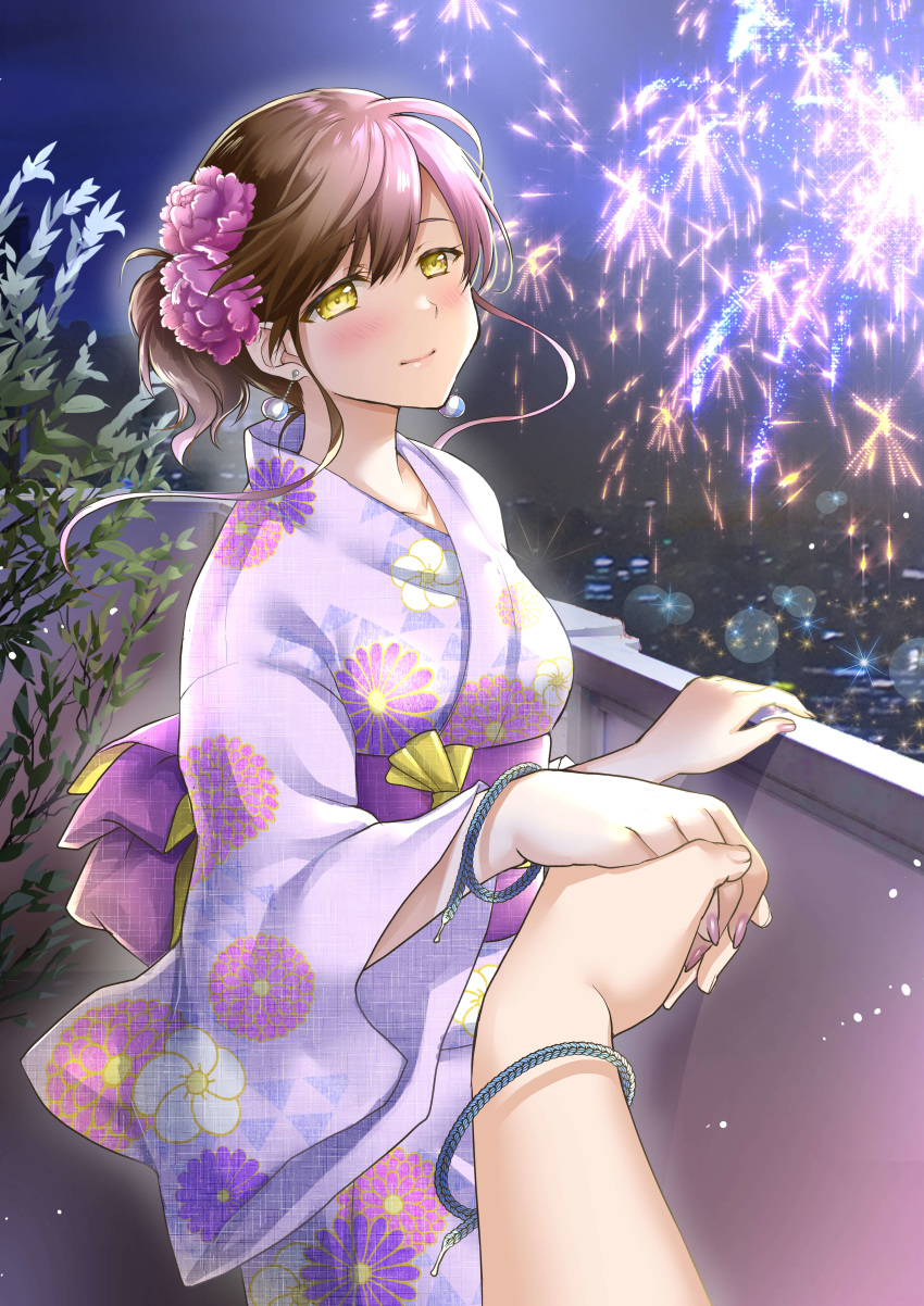 abe_hikaru absurdres aerial_fireworks brown_hair earrings female festival fireworks floral_print flower hair_flower hair_ornament highres japanese_clothes jewelry kimono night night_sky obi original outdoors print_kimono sash senkou_hanabi sky sparkler summer summer_festival yellow_eyes yukata