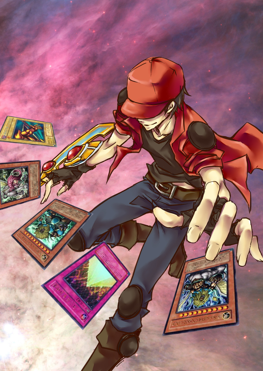 1boy absurdres andro_sphinx black_gloves black_shirt card commentary_request covered_eyes duel_disk duel_monster exodia_the_forbidden_one gloves hat highres jacket knee_pads konami-kun linky male_focus pyramid_of_light red_headwear shirt shoulder_pads sphinx_teleia t-shirt theinen_the_great_sphinx yu-gi-oh! yu-gi-oh!_tag_force