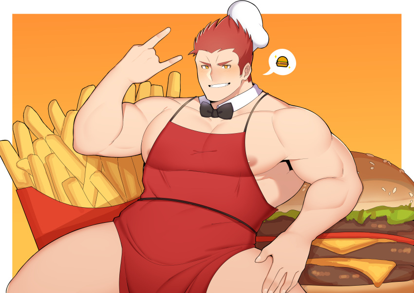 1boy absurdres apron bara blush burger food french_fries fujimachine_(clayten) highres jollibee jollibee_(mascot) large_pectorals looking_at_viewer male_focus muscular muscular_male naked_apron nipple_slip nipples oversized_food oversized_object pectoral_cleavage pectorals red_apron red_hair short_hair sideburns sidepec smile solo spiked_hair spread_legs thick_thighs thighs