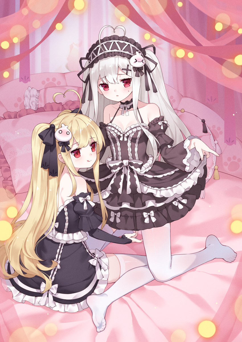 >_< 2girls :q absurdres ahoge bare_shoulders black_bow black_ribbon black_shirt black_sleeves blonde_hair blush bow breasts chinese_commentary closed_mouth clothes_lift collarbone detached_sleeves dress dress_lift feet frilled_pillow frilled_sleeves frills gothic_lolita hair_between_eyes hair_ornament hair_ribbon hairband hairbow hairclip heart heart_ahoge highres incest kneeling legs lolita_fashion lolita_hairband long_hair long_sleeves medium_breasts multiple_girls niliu_chahui no_shoes nose_blush original pantyhose parted_lips pillow red_eyes ribbon shirt siblings sisters sitting smile sweat thighhighs tokisaki_asaba_(niliu_chahui) tokisaki_mio_(niliu_chahui) tongue tongue_out tsubasa_tsubasa two_side_up very_long_hair wariza white_bow white_hair white_pantyhose wide_sleeves x_hair_ornament yuri