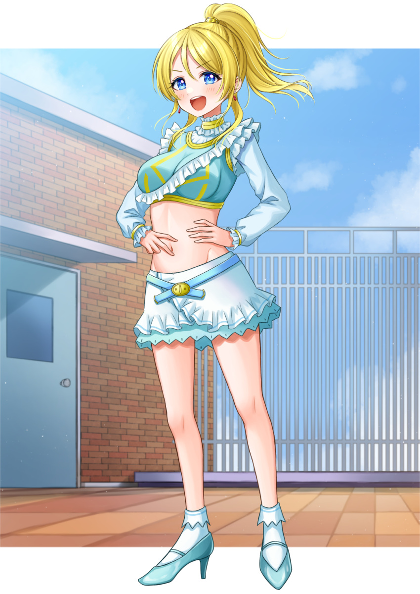 ankle_socks aqua_footwear aqua_shirt aqua_skirt ayase_eli blonde_hair blue_eyes blush bobby_socks commission cropped_shirt earrings female frills full_body hands_on_own_hips high_heels highres hiiragi_kei jewelry long_sleeves looking_at_viewer love_live! love_live!_school_idol_project midriff music_s.t.a.r.t!! navel open_mouth ponytail shirt skeb_commission skirt smile socks solo teeth upper_teeth_only v-shaped_eyebrows white_socks