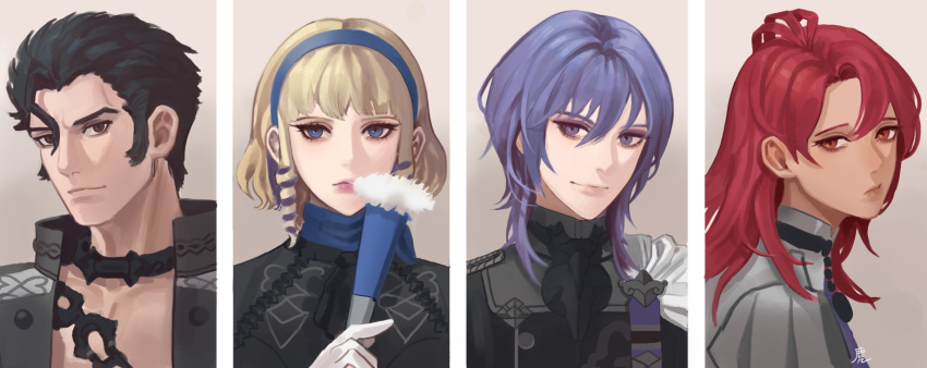 2boys 2girls abs bad_id bad_pixiv_id balthus_von_albrecht black_hair blonde_hair cape chains closed_mouth collage colored_inner_hair constance_von_nuvelle dark_skin earrings epaulettes fire_emblem fire_emblem:_three_houses garreg_mach_monastery_uniform hairband hand_fan hapi_(fire_emblem) highres jewelry long_hair looking_at_viewer medium_hair midriff multicolored_hair multiple_boys multiple_girls muntjac_art open_clothes open_mouth open_shirt ornament purple_eyes purple_hair red_eyes red_hair short_hair sideburns simple_background smile two-tone_hair uniform upper_body white_background yuri_leclerc