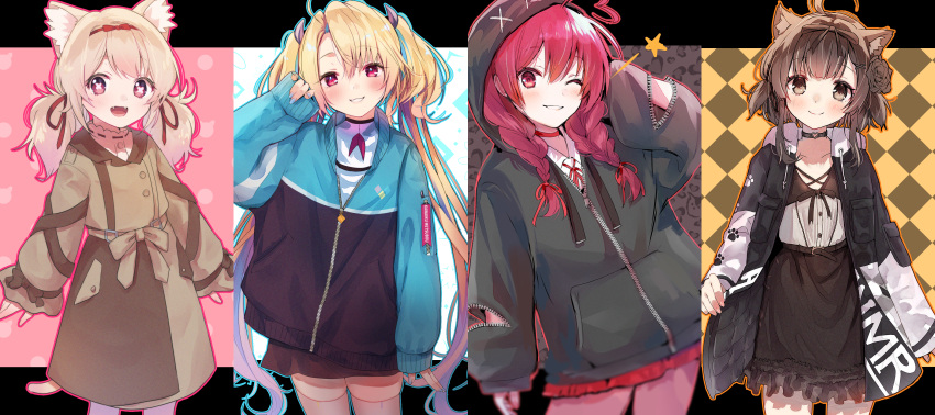 4girls :d absurdres ahoge amai_hiyo animal_ear_fluff animal_ears annin_miru argyle_background arm_up avatar_2.0_project black_jacket black_skirt blonde_hair blue_nails blue_outline blush bow braid brown_bow brown_dress brown_eyes brown_flower brown_hair brown_rose brown_skirt cat_ears cat_girl cat_tail closed_mouth collarbone commentary_request drawstring dress fangs flower frilled_skirt frills hair_between_eyes hair_flower hair_ornament hair_ribbon hairbow hand_up heart heart_ahoge highres hood hood_up hooded_jacket horns indie_virtual_youtuber jacket long_hair long_sleeves looking_at_viewer low_twintails minase_shia multiple_girls nail_polish one_eye_closed open_clothes open_jacket orange_outline outline parted_bangs parted_lips pinching_sleeves pleated_skirt puffy_long_sleeves puffy_sleeves purple_outline red_eyes red_hair red_ribbon red_skirt ribbon rose shirt skindentation skirt sleeves_past_wrists smile star_(symbol) symbol-shaped_pupils tail tanaka_(vtuber) thighhighs tomozero twin_braids twintails very_long_hair virtual_youtuber white_legwear white_shirt